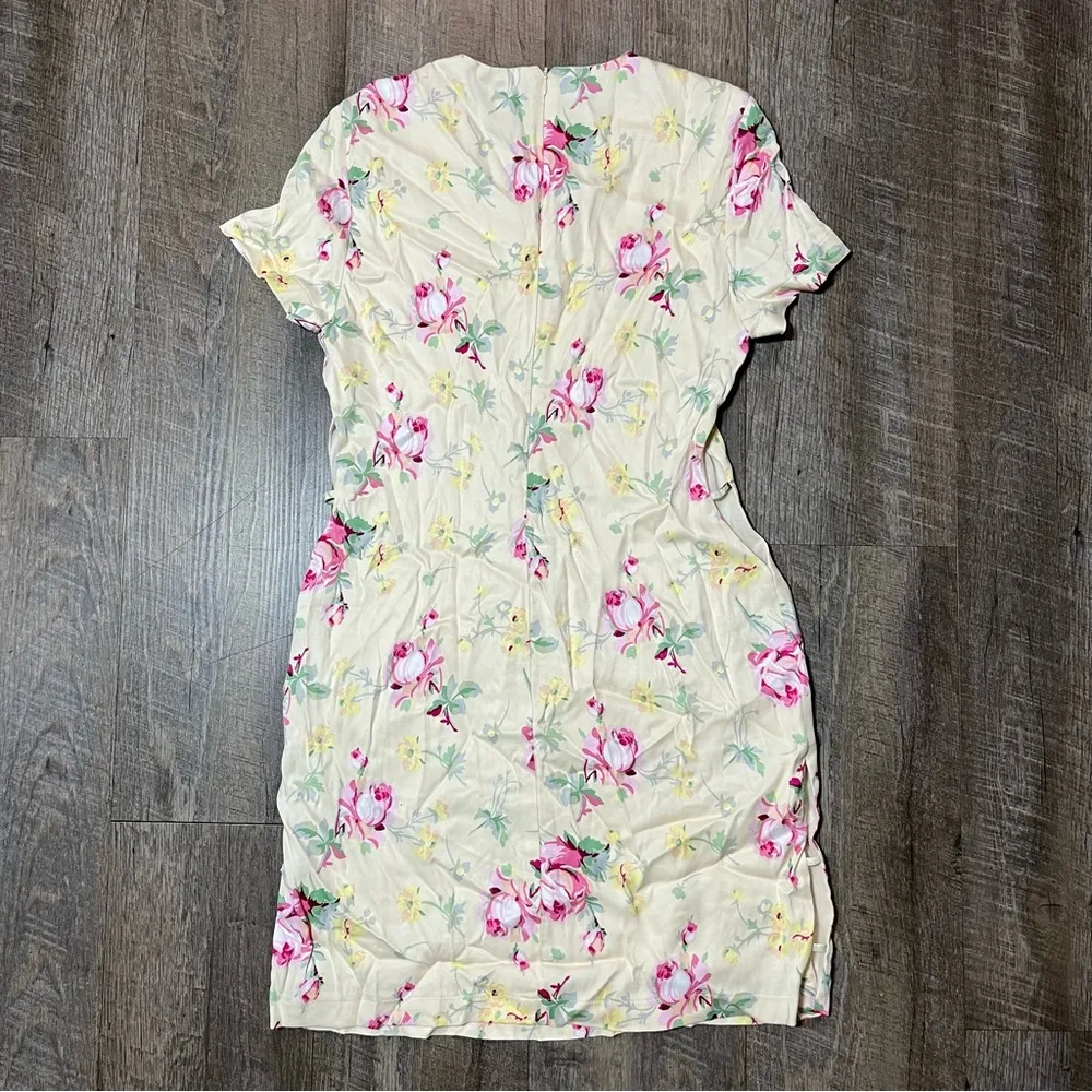 New Zara Light Yellow Floral Satin Side Cut Out Short Sleeve Mini Dress Womens S - Image 7