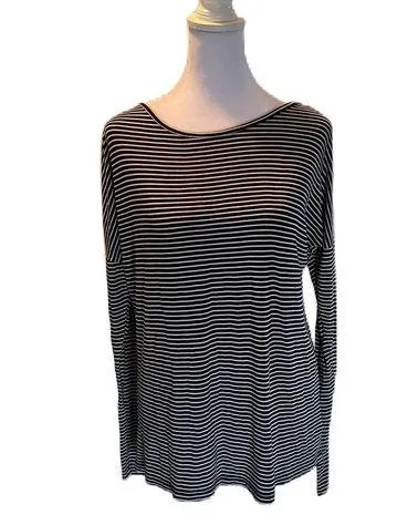 Zenana Outfitets Navy Blue & White Striped Soft Long Sleeve Round Neck T-Shirt S - Image 1