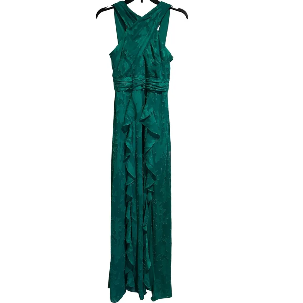 Aqua Formal Floral Burnout Chiffon Long Evening Gown Ruffle Skirt Green 0 NWT - Image 2