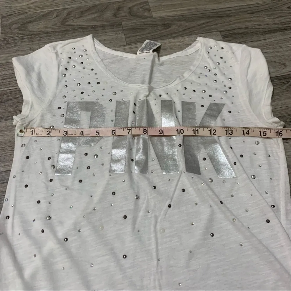 🌿Victoria’s Secret PINK White Bling T-Shirt; XS - Image 4