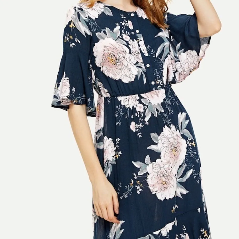 ✨ Half Placket Flounce Hem Botanical Dress✨ Blue Size M - Image 3