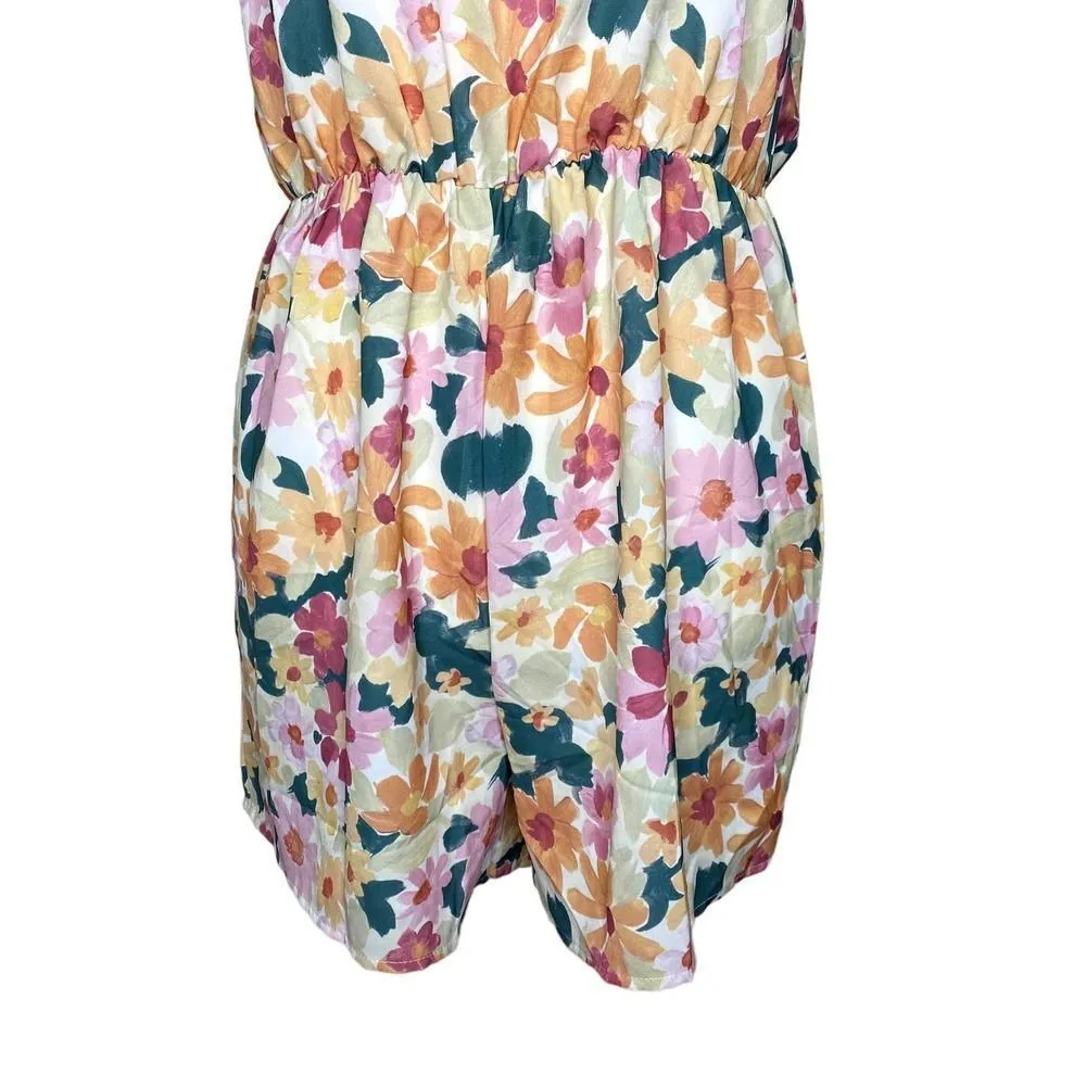 Shein Sleeveless Floral Halter Tie Neck Open Back Romper Orange Pink Size 6 - Image 4