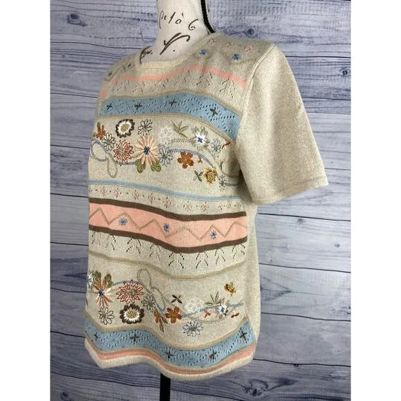 Alfred Dunner Embroidered Sweater Women PM Short Sleeve Crew Neck Floral Grandma Size undefined - Image 2
