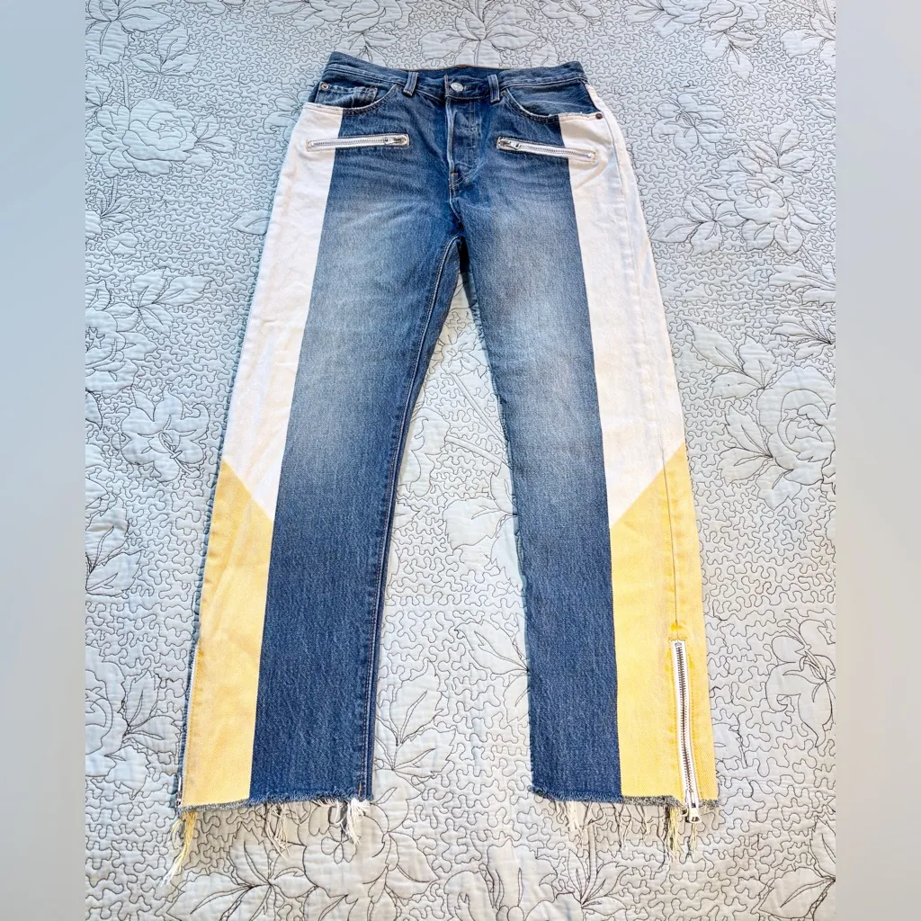 LEVI’S Premium Moto Color Block Crop Raw Edge Button Fly Jeans Sz 27/28🧡 - Image 2