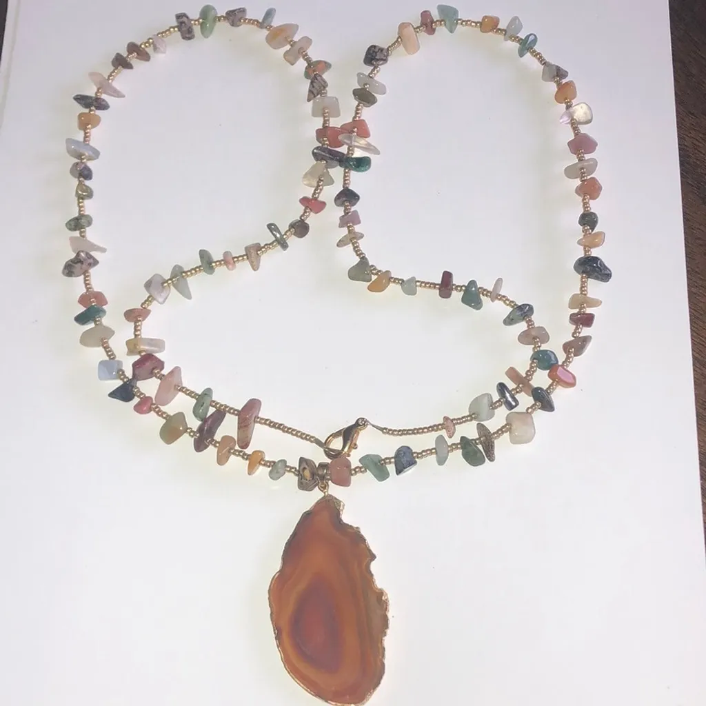Vintage Druzy Orange Agate Stone Pendant Semi Precious Stones Beaded Necklace - Image 2
