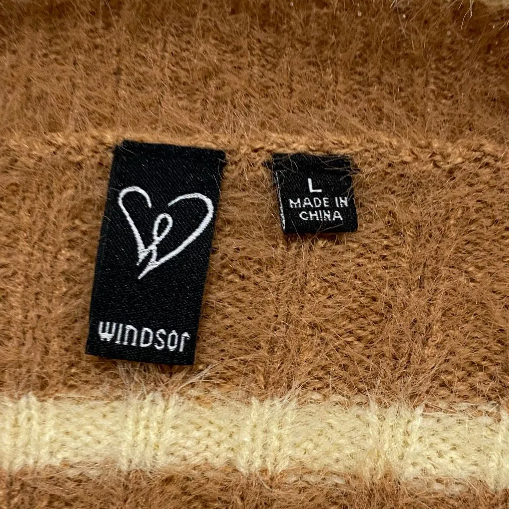 Windsor Fuzzy Striped V-Neck Sweater Women’s Large | Soft Cozy Brown Pullover - Image 3