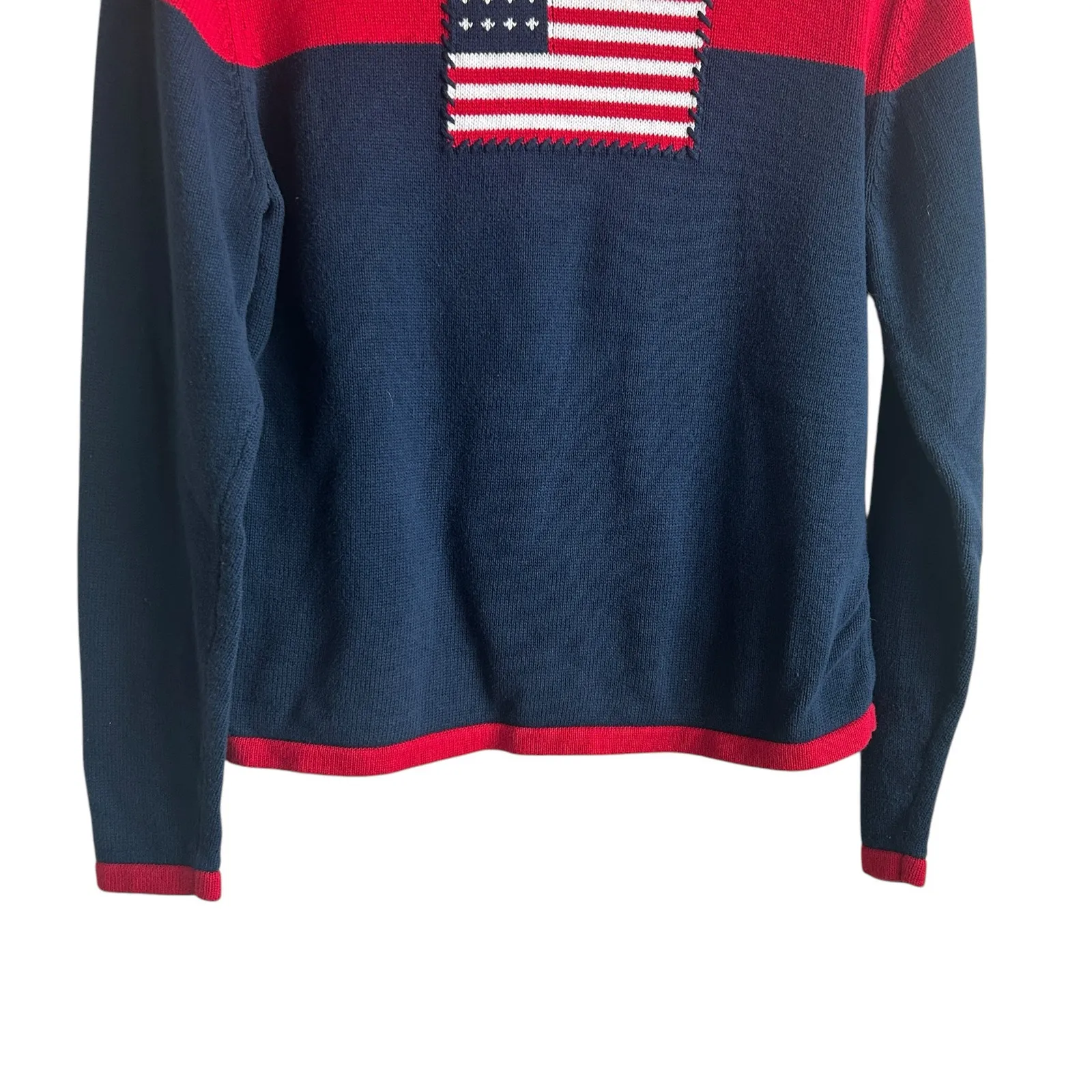 VTG Austin Clothing Women Sweater L Cowl Neck Knitted American Flag Patriotic Blue Size L - Image 7