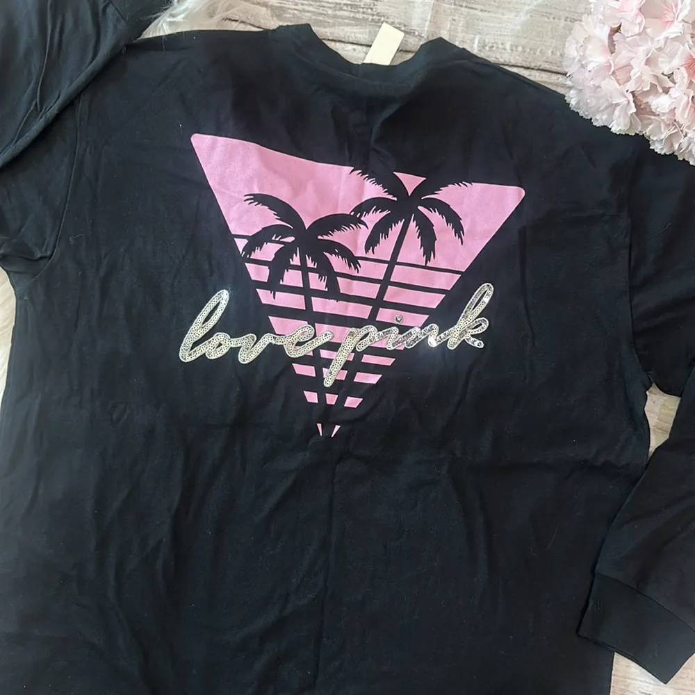 PINK LONG SLEEVE CAMPUS TEE SHIRT BLACK TROPICAL PALM TREES GLITTER BLING - Image 5