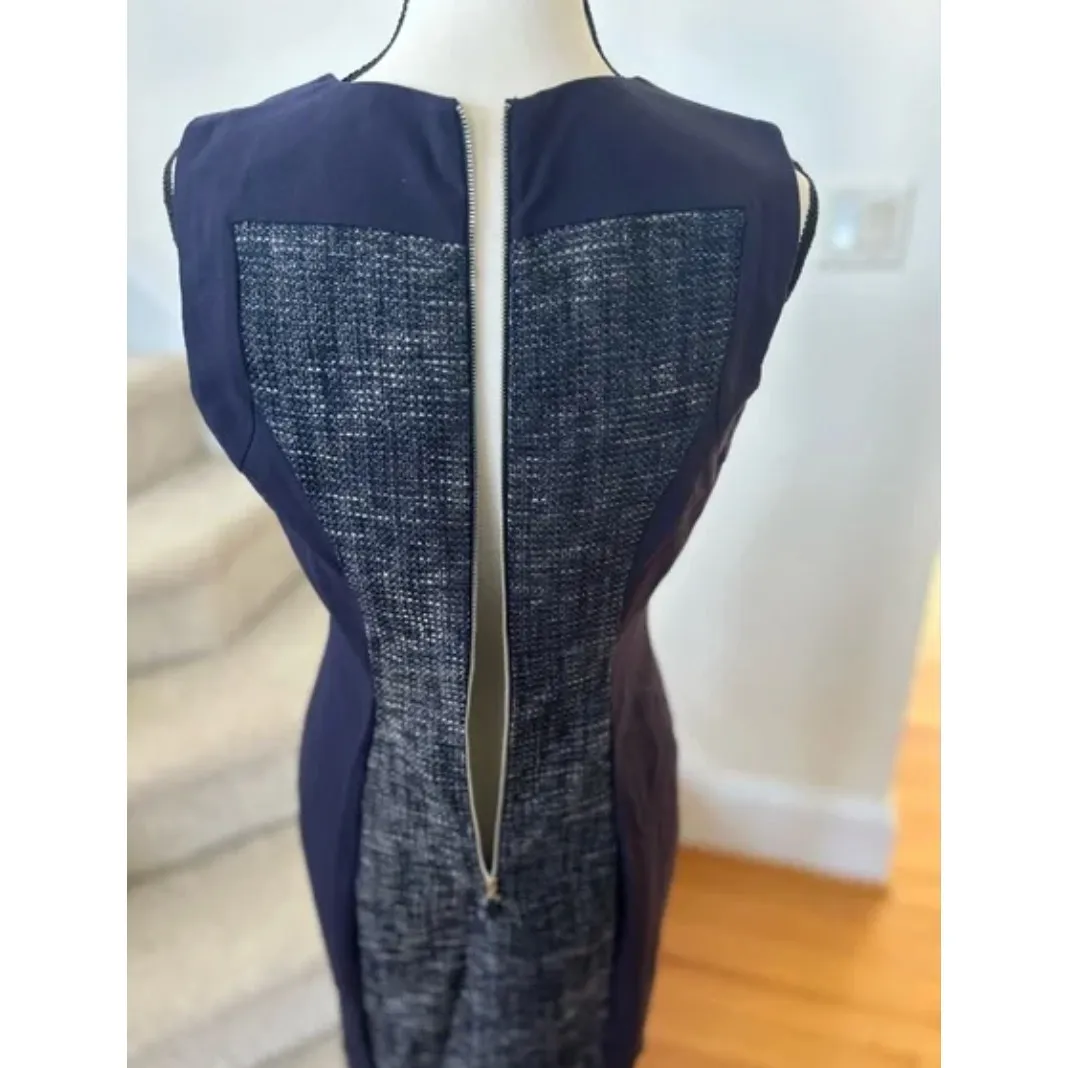 Calvin Klein Navy & White Metallic Silver Boucle Tweed Sleeveless Sheath Dress - Image 5