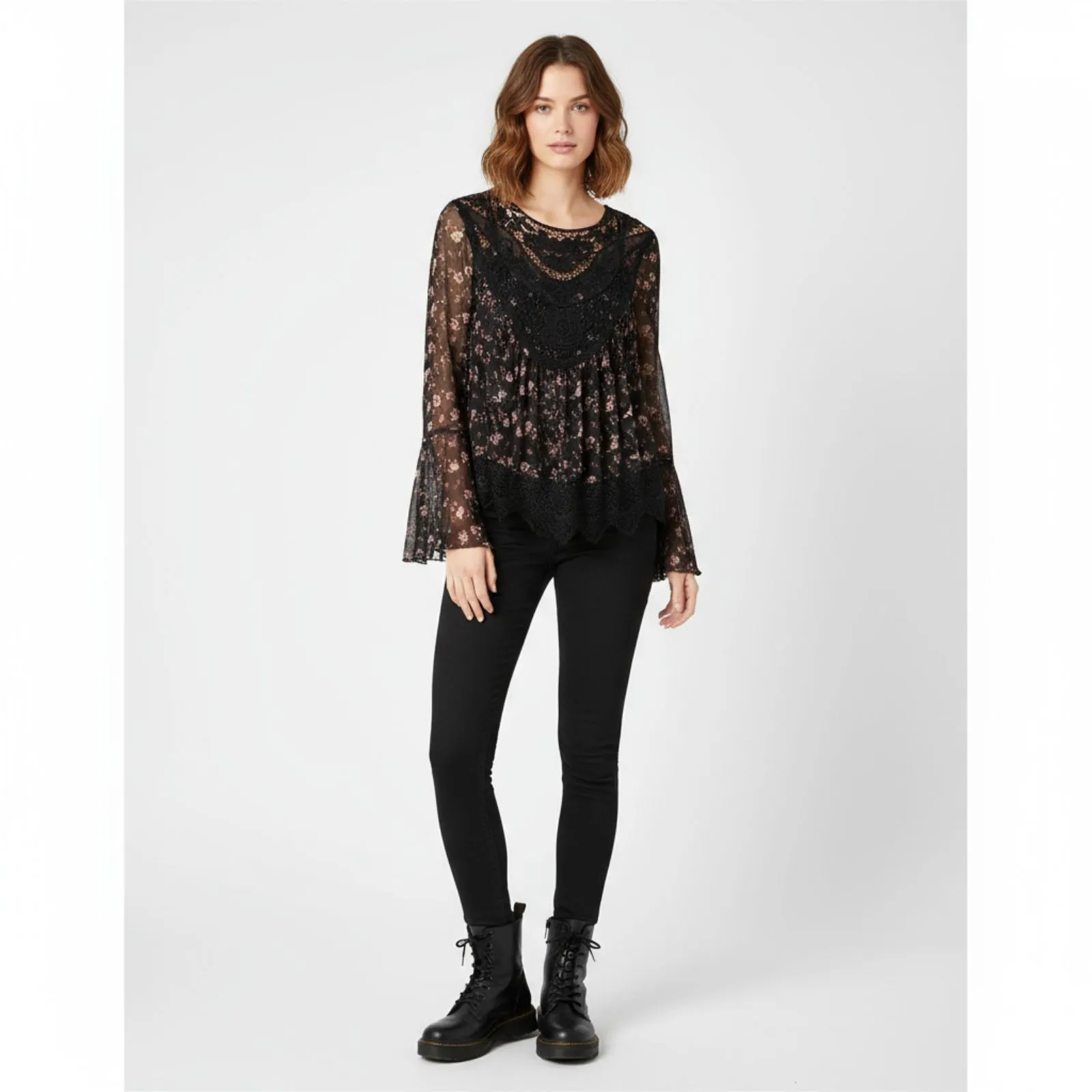 Self Esteem Black Floral Print Sheer Long Sleeve Crochet Lace Blouse Top XL - Image 5