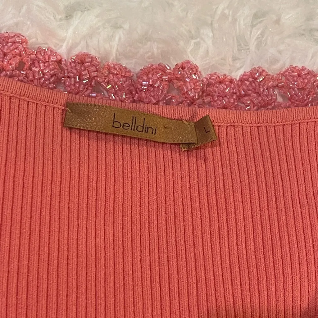 Coral pink Belldini sleeveless ribbed sweater top shirt beaded neckline Large - Image 5