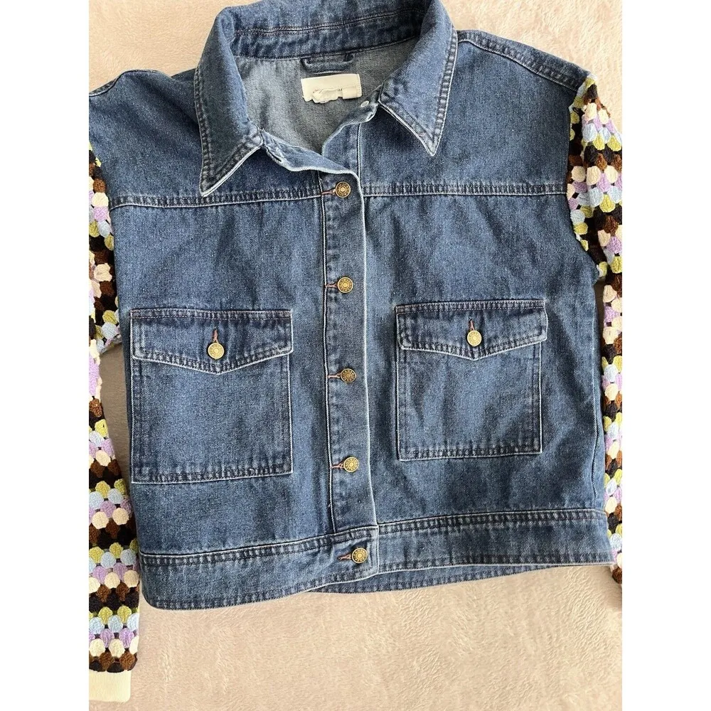 By Anthropologie Crochet Sleeve Denim Jacket Size Small Trucker 70's Boho Funky - Image 4