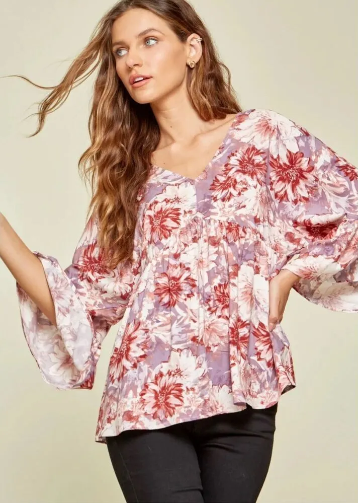 Andre by Unit pink floral flare sleeve babydoll blouse sz 1X womens feminine dai - Image 2