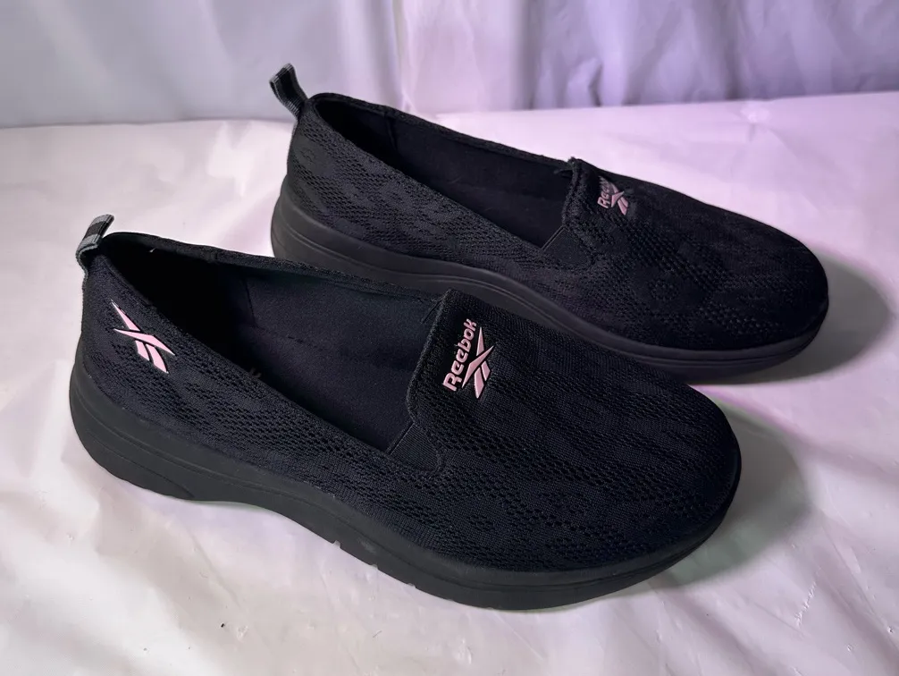 Reebok Women's Black and Pink Slip-On Sneakers - Image 1