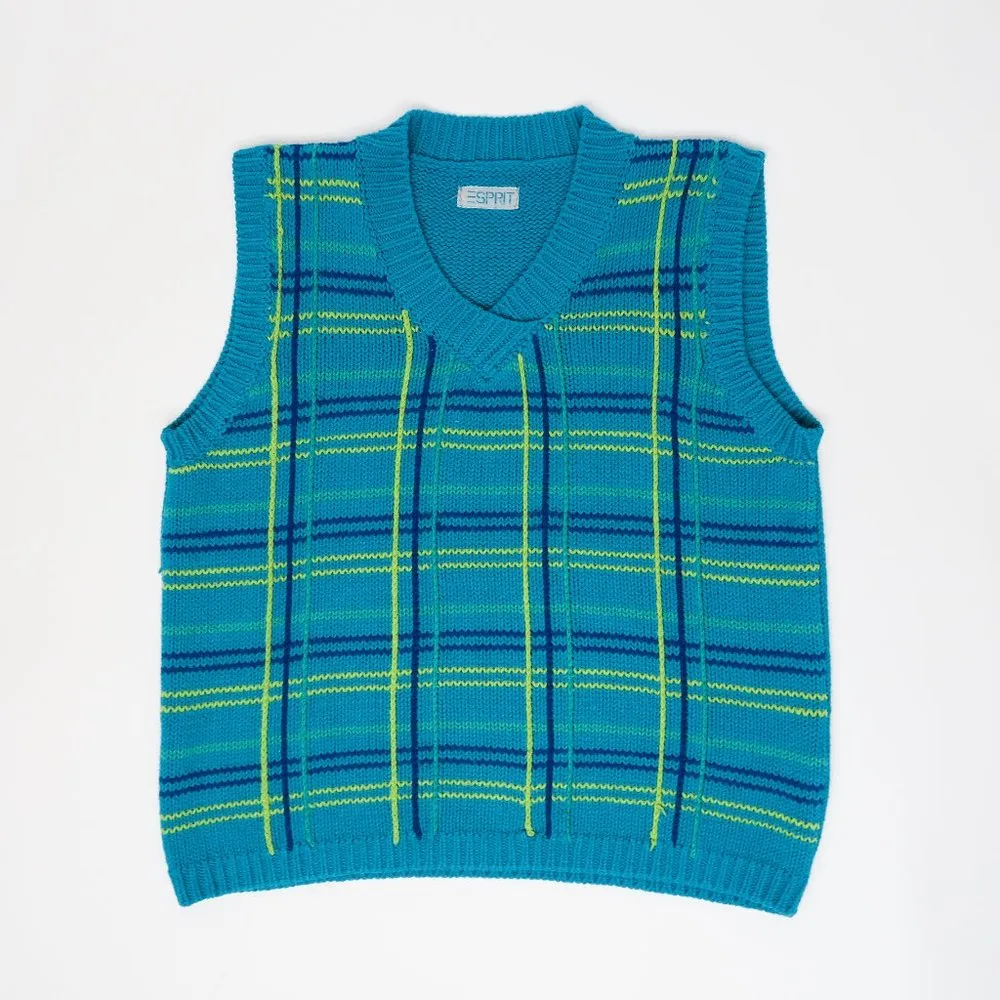 Vintage 70s Esprit Teal Plaid Knit Sweater Vest - Image 2