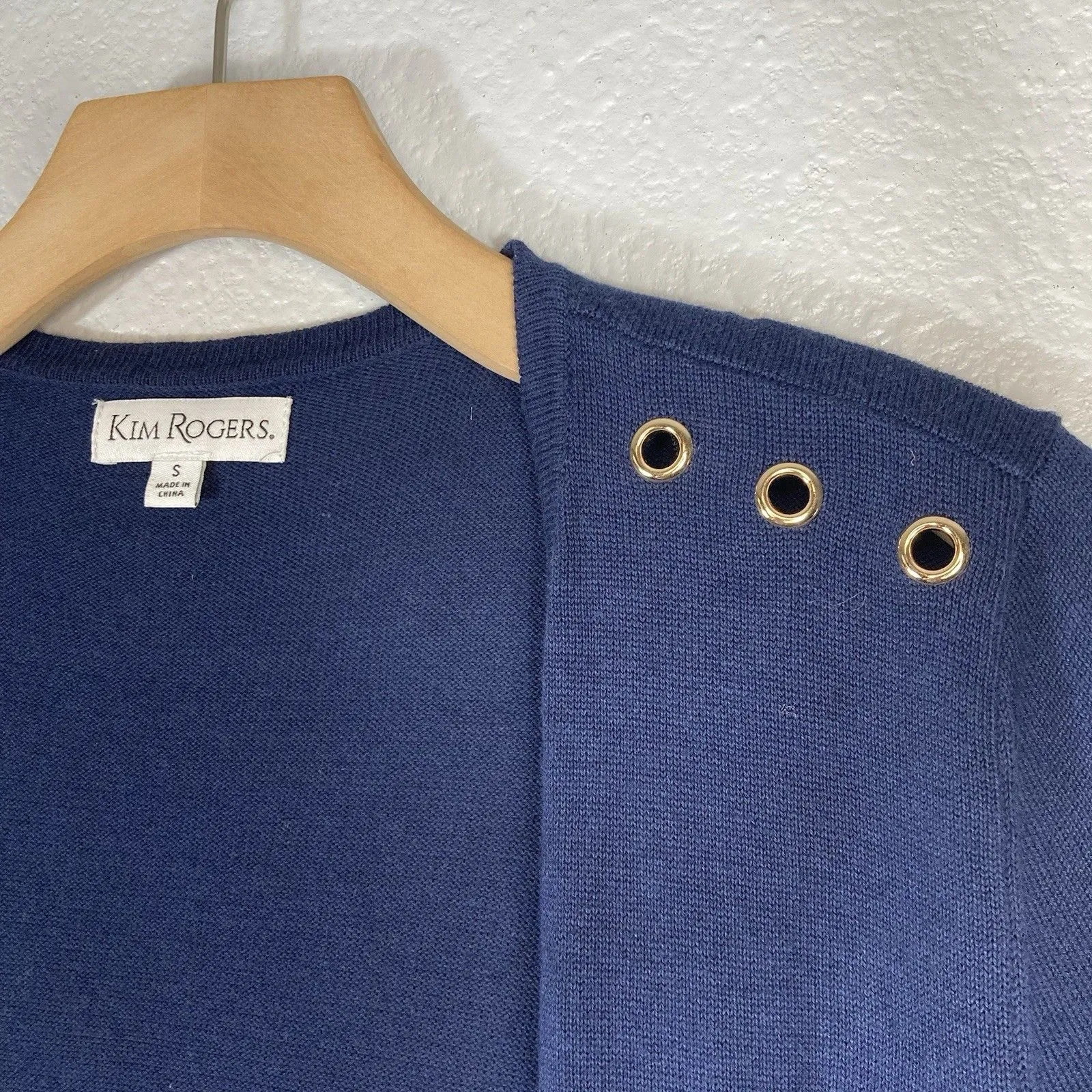 Kim Rogers Cardigan S Open Front Womens Navy Blue Sweater Green Trim Grommets - Image 3
