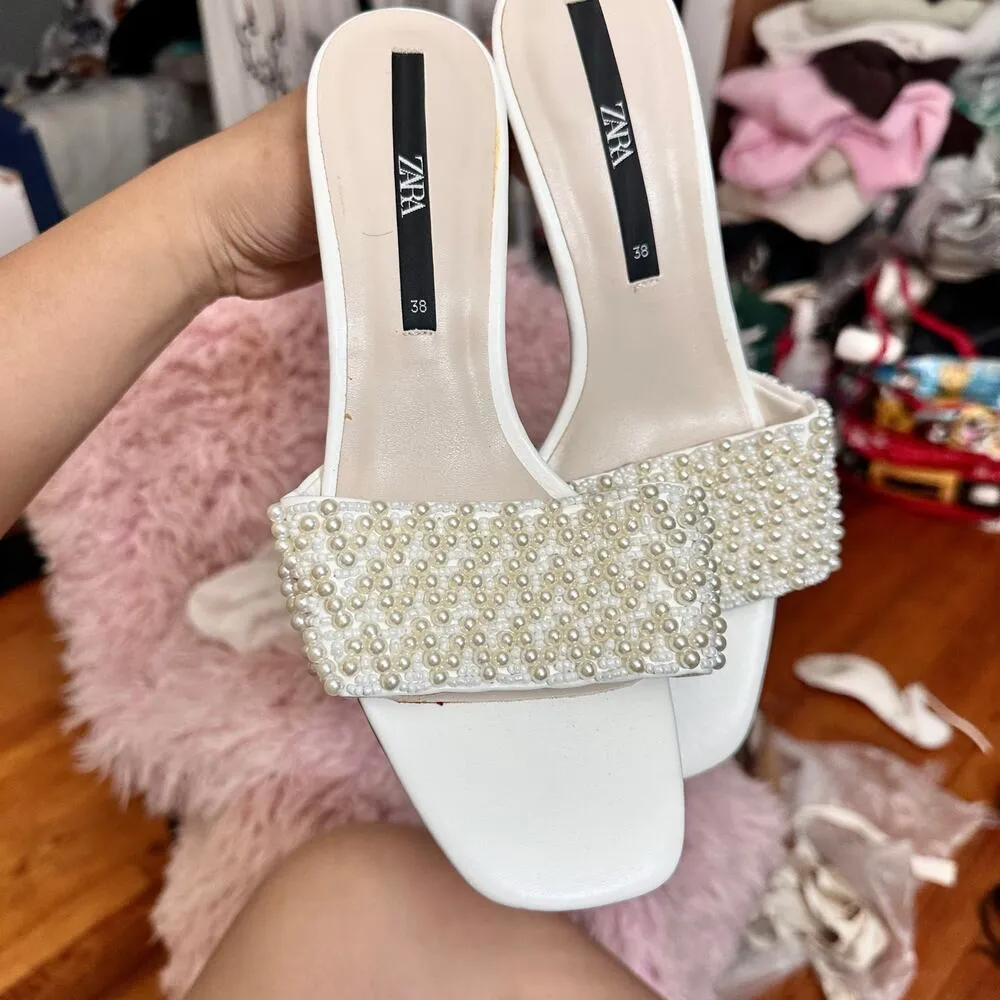 ZARA  White Pearl Beaded Heels Size 7.5 Wedding Bachelorette Feminine BloggersFav - Image 7