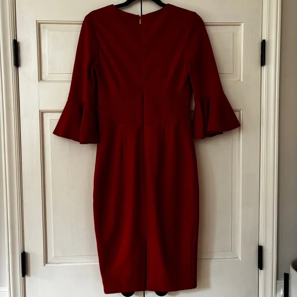 Trina Turk Begonia Bell Sleeve Midi Dress Red Sheath Size 2 Gold Zip Knee Length - Image 12