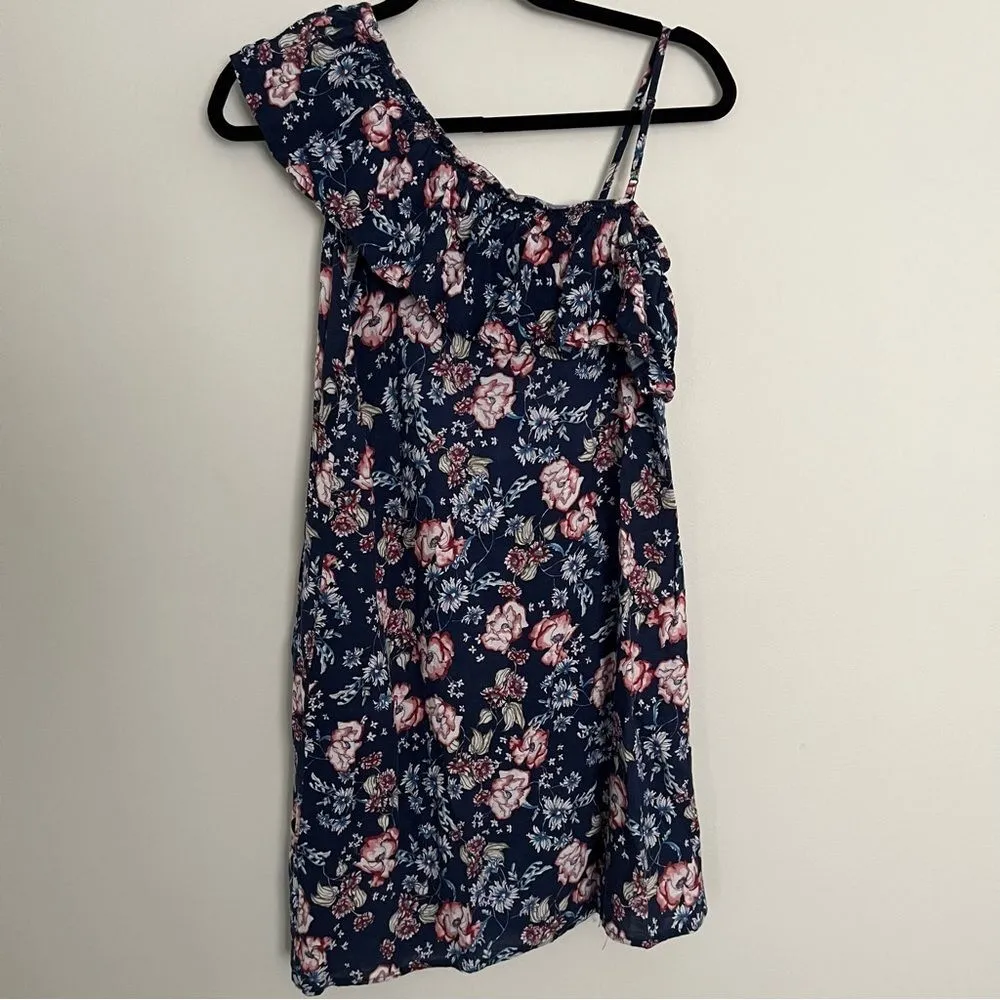 Pink Rose Floral One Shoulder Ruffle Mini Dress Navy Blue Size Small - Image 5