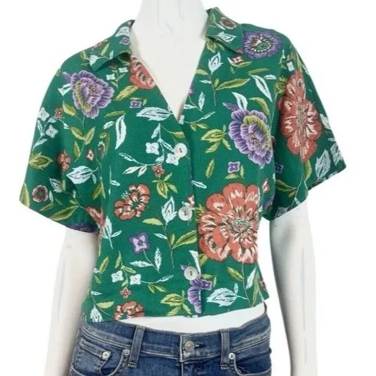 Marc New York size medium cropped linen blend floral blouse shirt top Green - Image 1