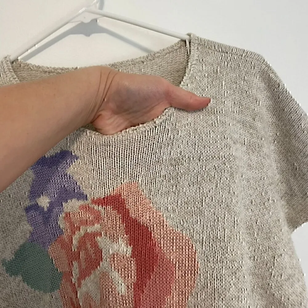 VINTAGE KORET Cream Beige Floral Short Dolman Sleeve Linen Cotton Sweater PETITE Pink Size undefined - Image 6