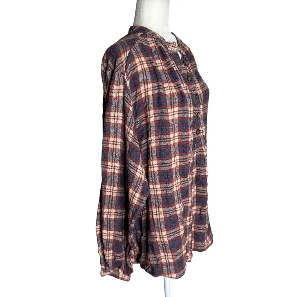 Free People Pullover Flannel Shirt Medium Maroon Red Plaid Buttons Long Sleeve - Image 5