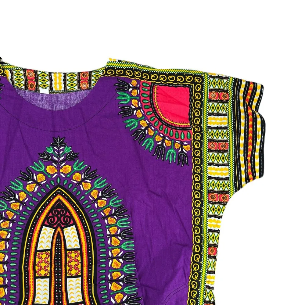 Purple Dashiki Maxi Dress Traditional African Tunic Vibrant Print Cotton NWT Size L - Image 4