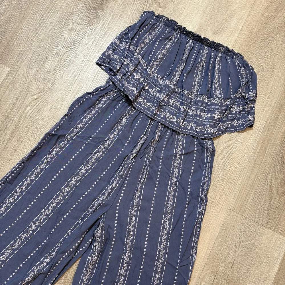 Japna Jumpsuit Size L‎ Striped Blue/White Strapless Trendy Wide Leg Palazzo - Image 2