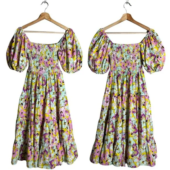 Pinch Puff Sleeve Floral Tiered Midi Dress Womens Small Smocked Boho Cottagecore Pink - Image 2