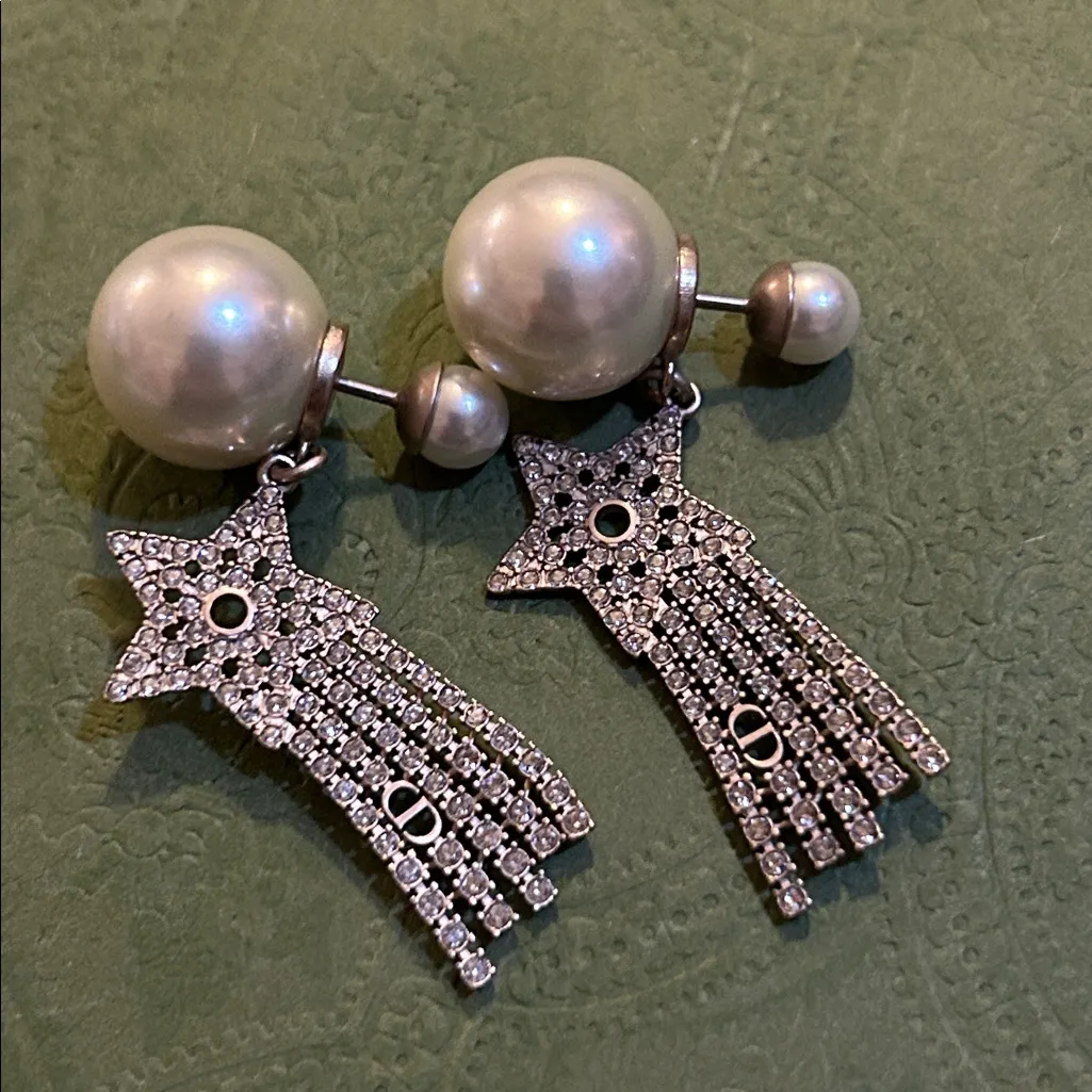 Dior Tribales Earrings Matte Gold-Finish Metal with White Resin Pearls & Crystal - Image 2