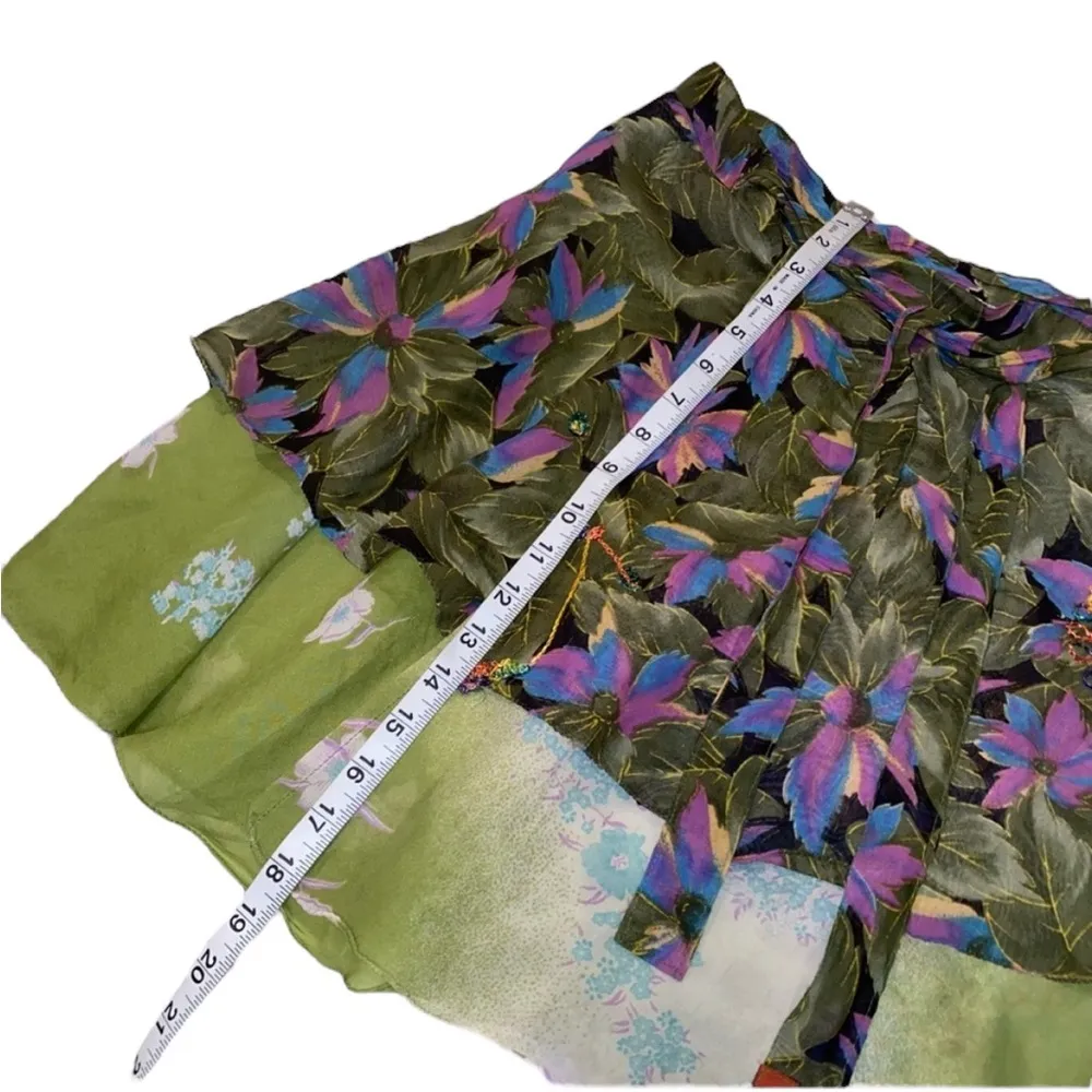 Kariza Purple & Green Floral Design Silk Wrap Skirt Women One Size Ruffle Detail - Image 6