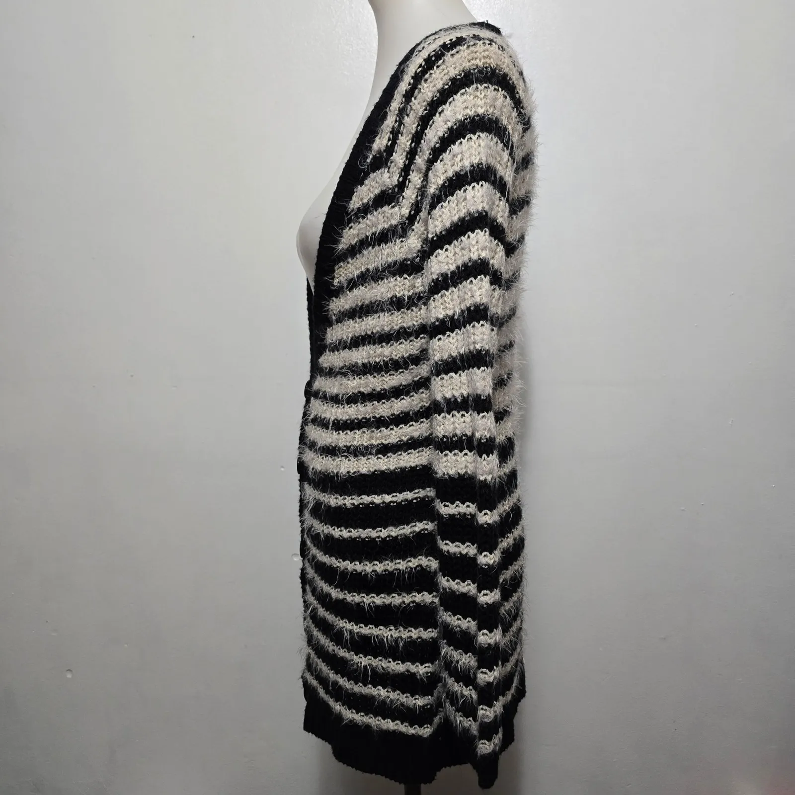 Daytrip Fuzzy Striped Cardigan Sweater Black Cream Long Sleeve M Emo Boho - Image 3