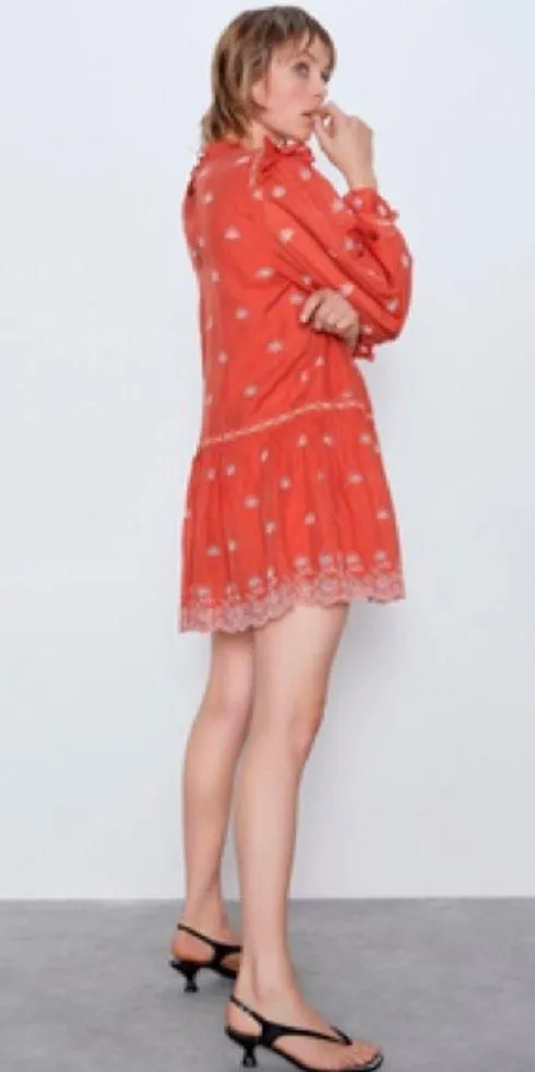 ZARA Ruffled Eyelet Embroidered Boho Long Sleeve Mini Dress in Coral Size S - Image 2