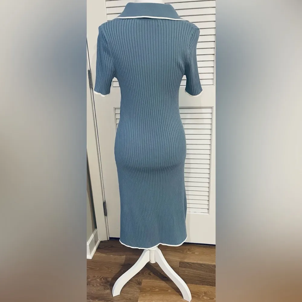 MEROKEETY Women's V Neck Ribbed Knit Midi Dress Short Sleeve Button Small - Image 5