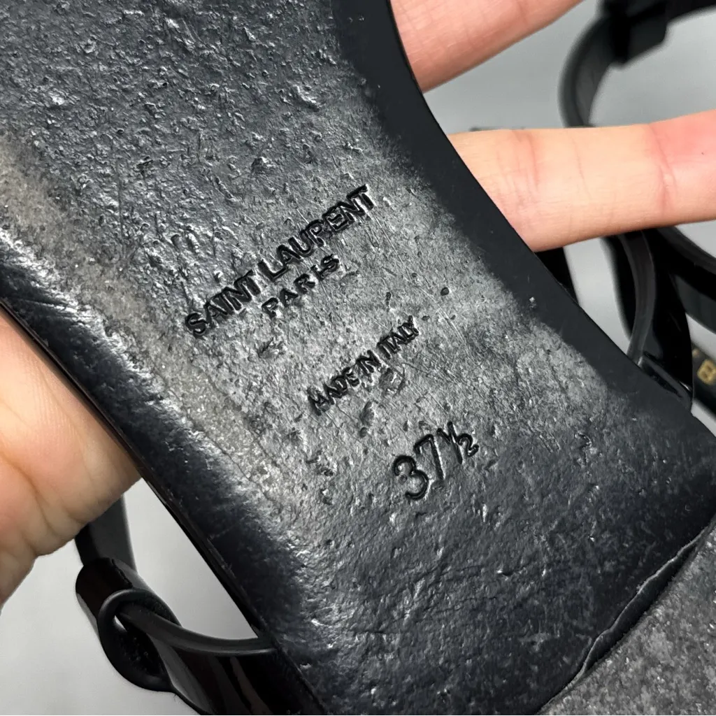 Saint Laurent YSL Cassandra Patent Leather T-Strap Flat Sandal Shoes Black 37.5 - Image 9