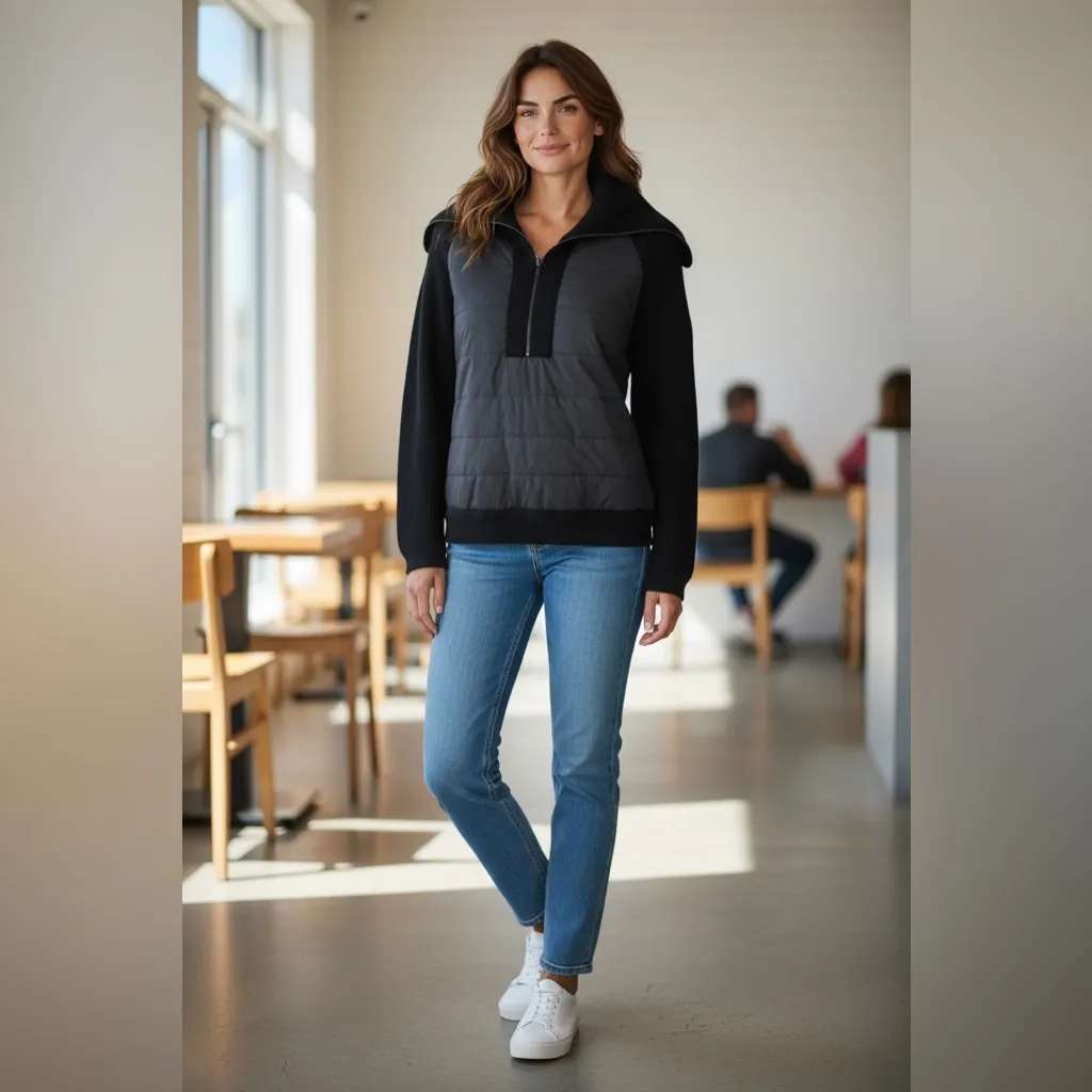 Belstaff Black Quilted Knit Half Zip Sweater‎ Jacket Women's Medium - Image 2