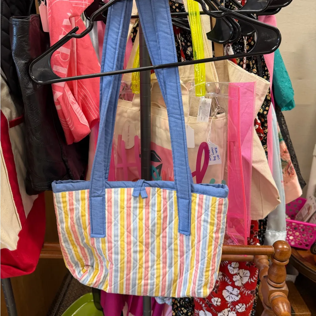 Colorful Striped Quilted Tote Bag with Button Accent - Image 2