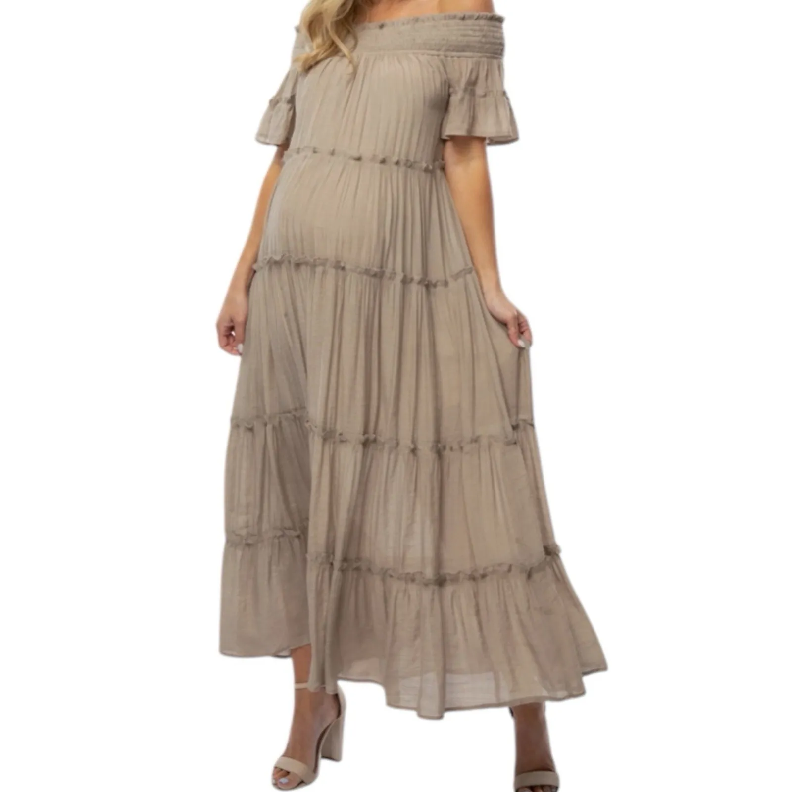Jodifl Maxi Dress  Off Shoulder Tiered‎  Taupe Size L - Image 7