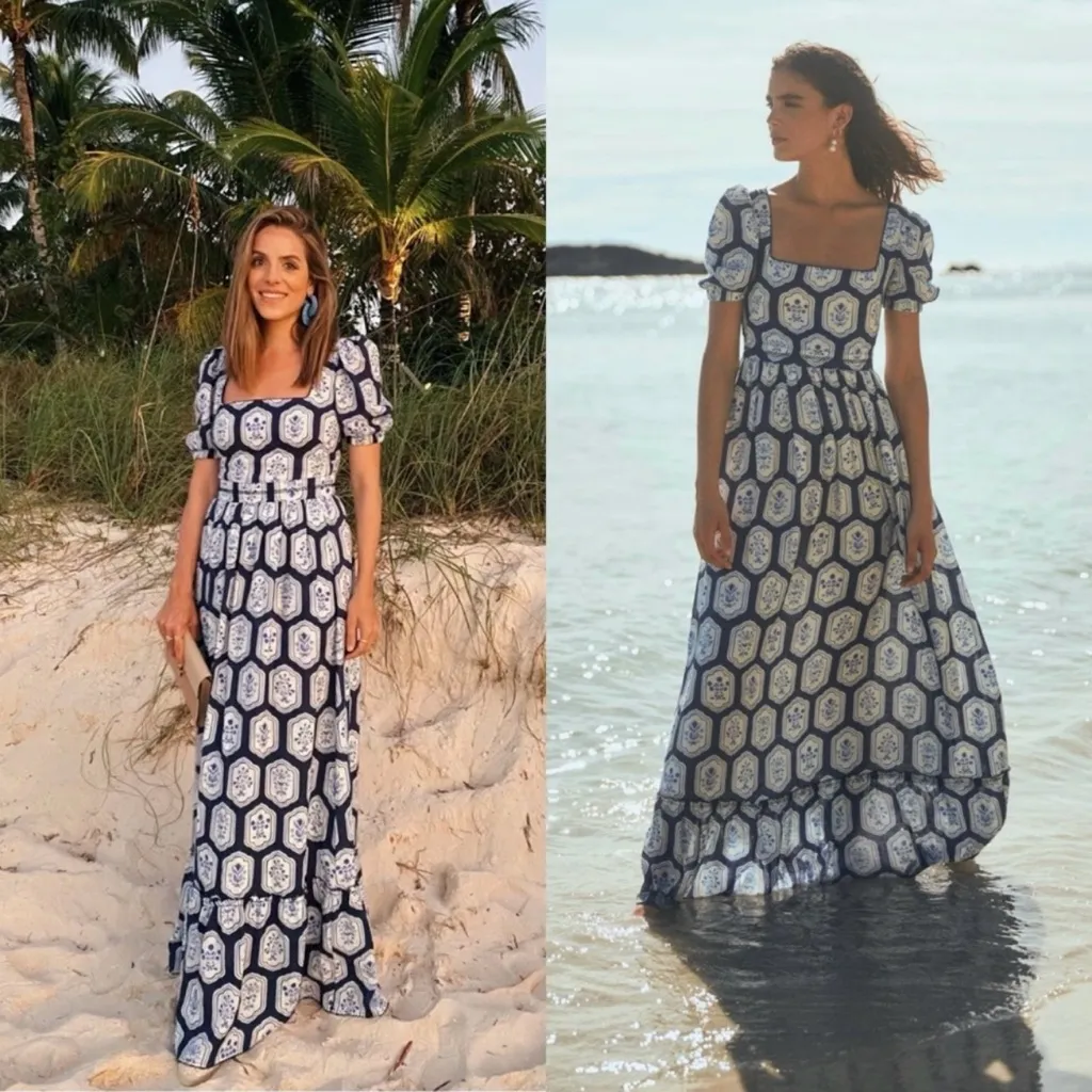 RARE NWOT Agua By Agua Bendita Pomelo Riviera Floral Linen Maxi Dress Size M Blue Size M - Image 4