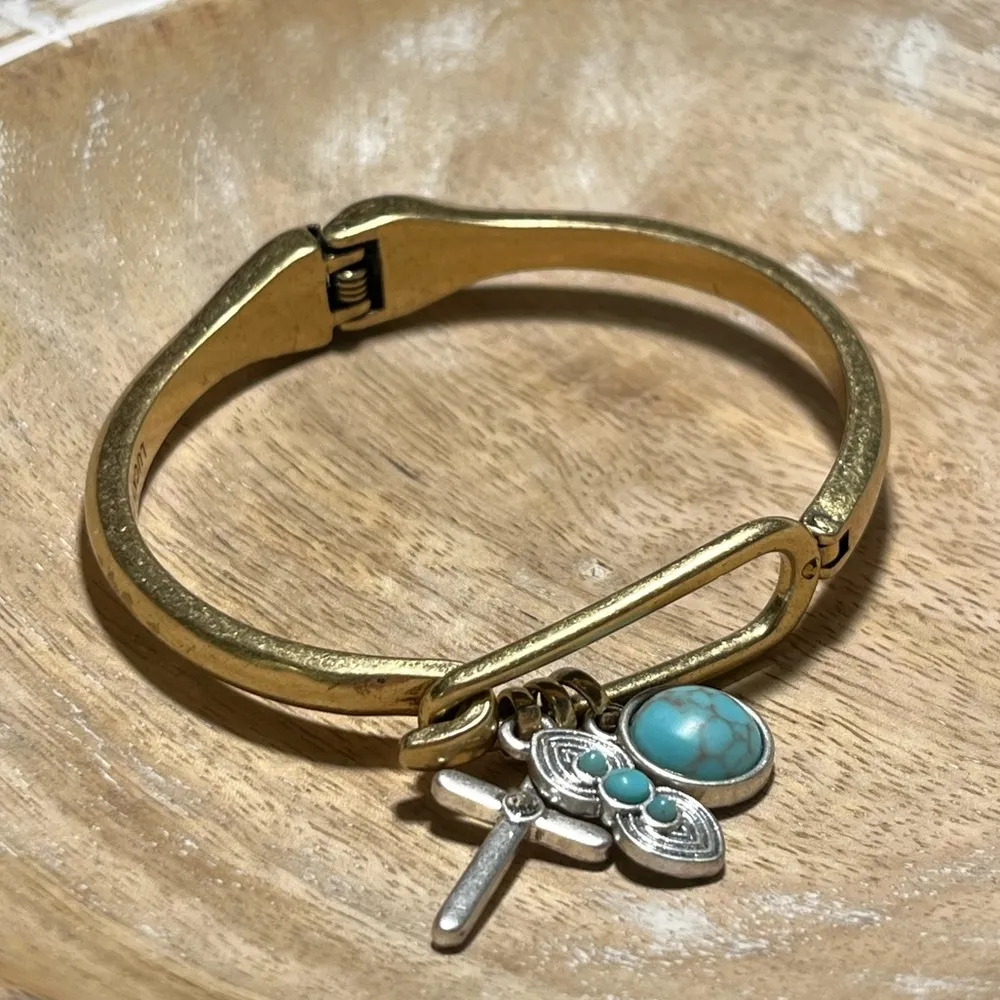 Lucky Brand Gold Hinged Turquoise Charm Bangle Bracelet - Image 7