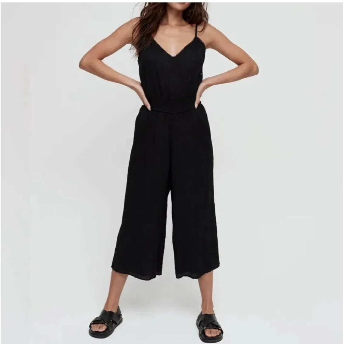 Wilfred Aritzia Irene Jumpsuit Size M Boho Black Side Button Cinched Waist - Image 6