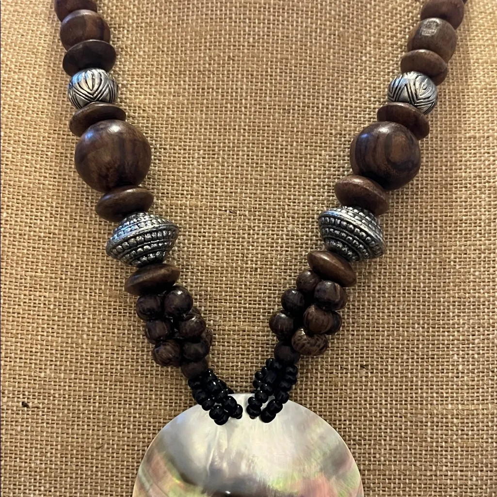 Bohemian Mother of Pearl Wooden Bead Necklace Brown - Image 3