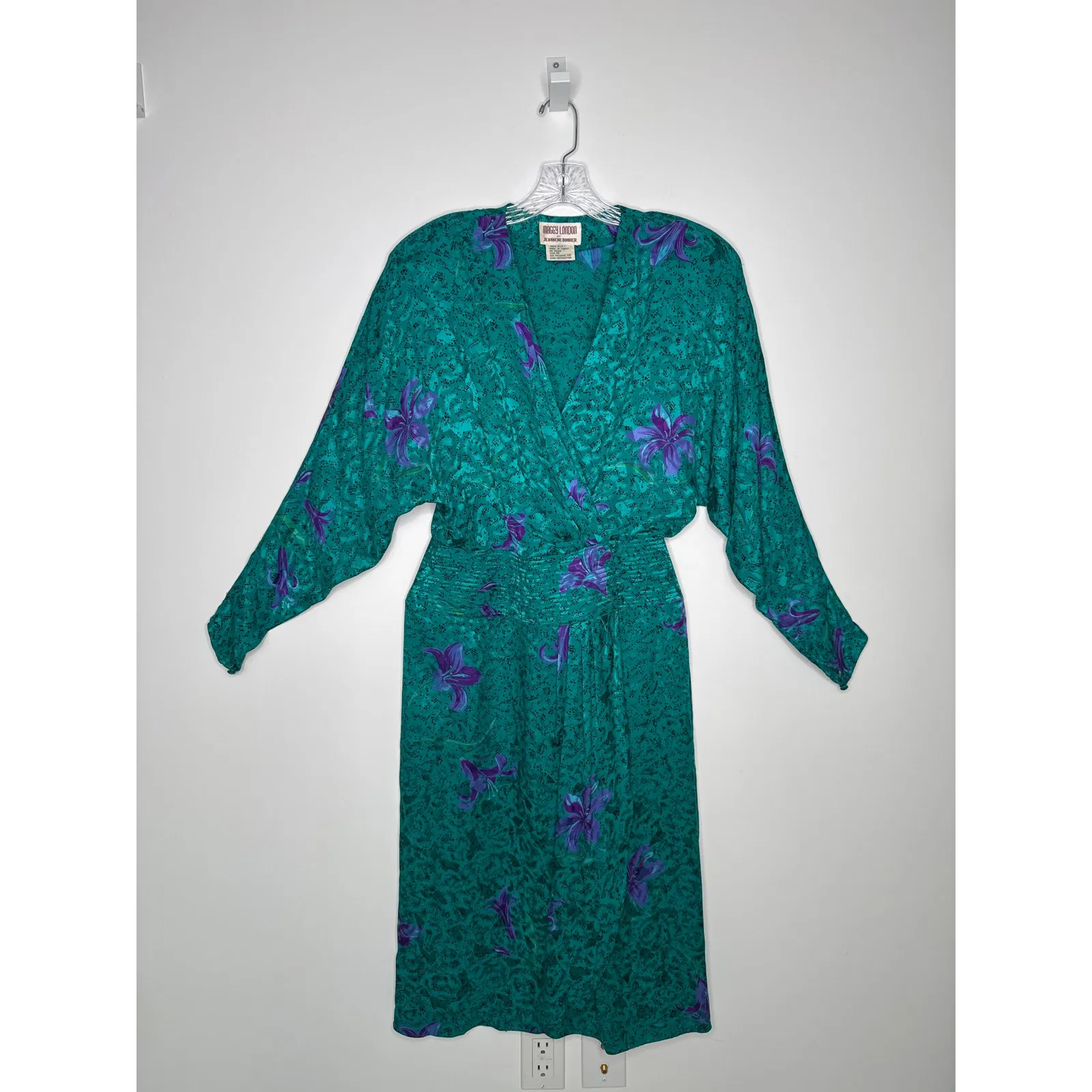 Vintage Maggy London by Jeannene Booher 80s Teal Silk Floral Midi Dress medium - Image 15