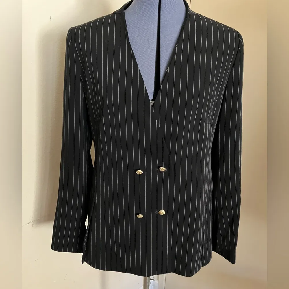 ZARA Pinstripe Blazer Black Double Breasted Gold Buttons Tailored Old Money - Image 6