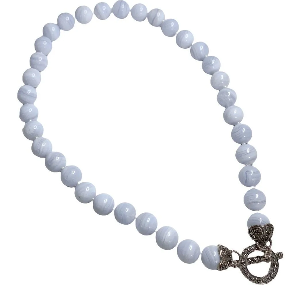 925 Sterling Silver Blue Lace Agate Toggle Marcasite Necklace - Image 3