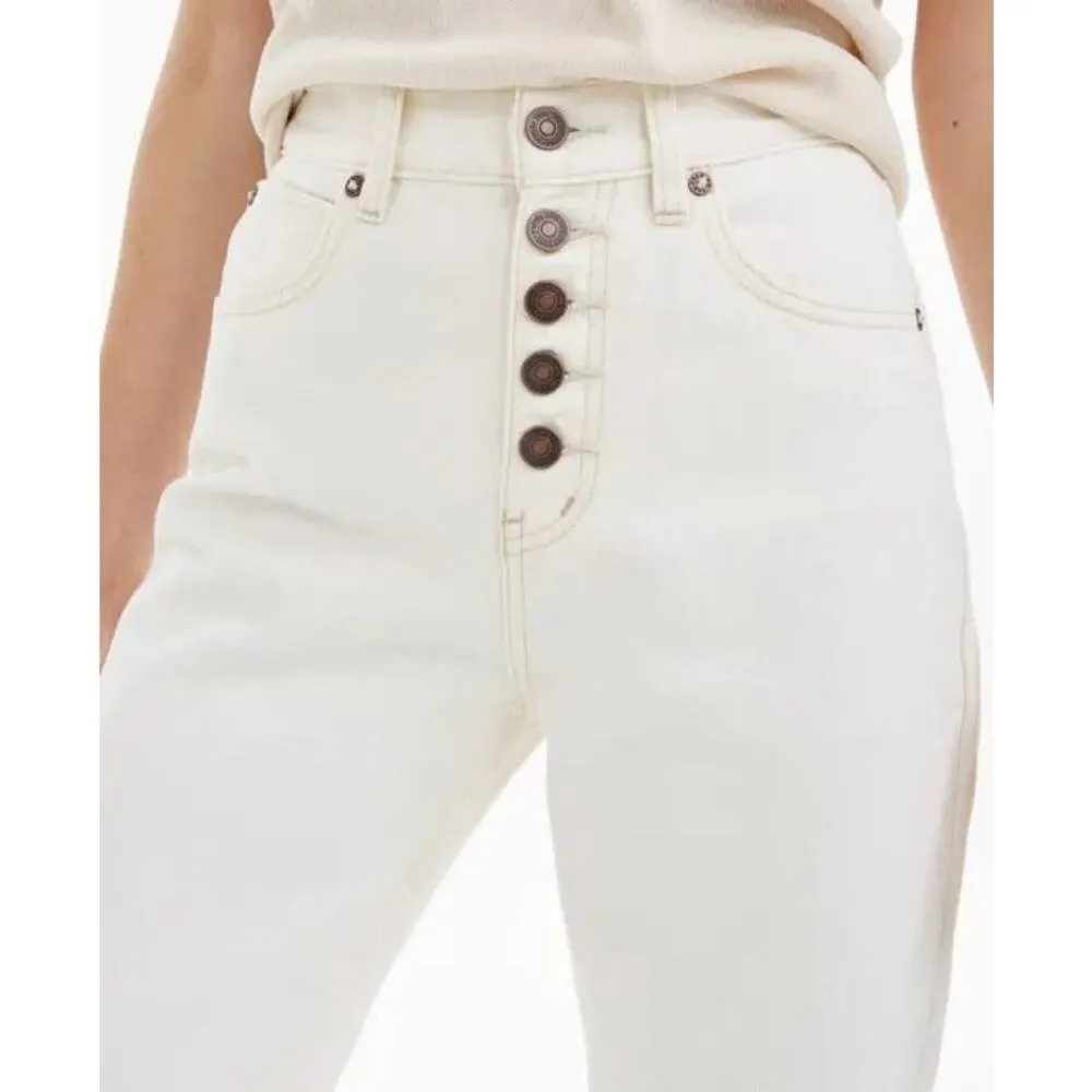 NEW Free People Crop Rigid Button Fly Rigid Raw Hem Slim Ivory White Jeans 27 - Image 5