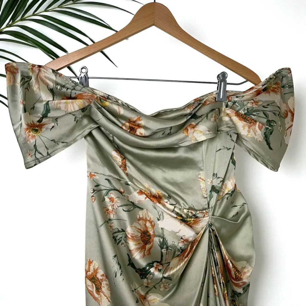PrettyLittleThing Sage Green Floral Print Satin Draped Bardot Midi Dress - Image 6