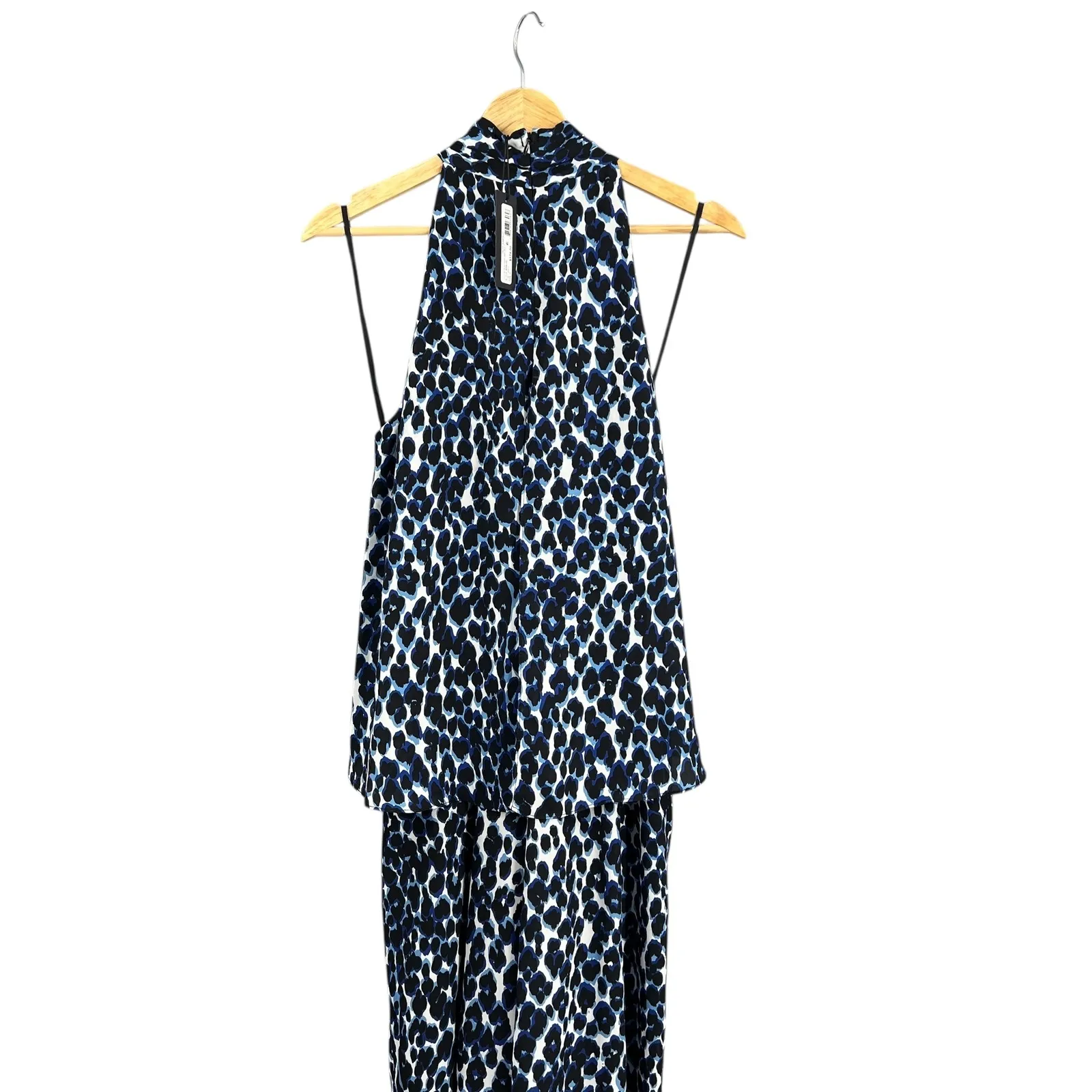 LE GALI Jumpsuit Blue Black Leopard Print Halter Popover Wide Leg Size S New - Image 5