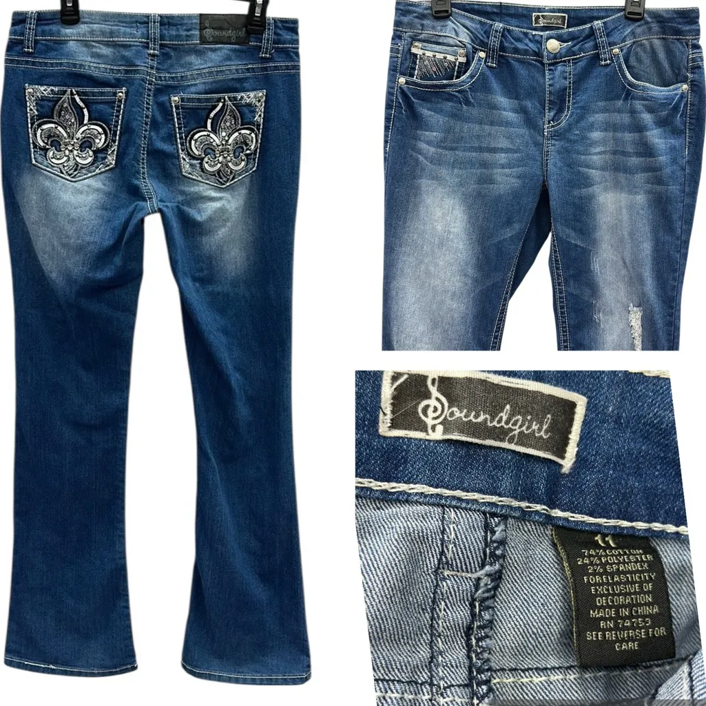 Soundgirl Embellished Western Stretch Denim Mid Rise Bootcut Blue Jeans Size 11 - Image 2