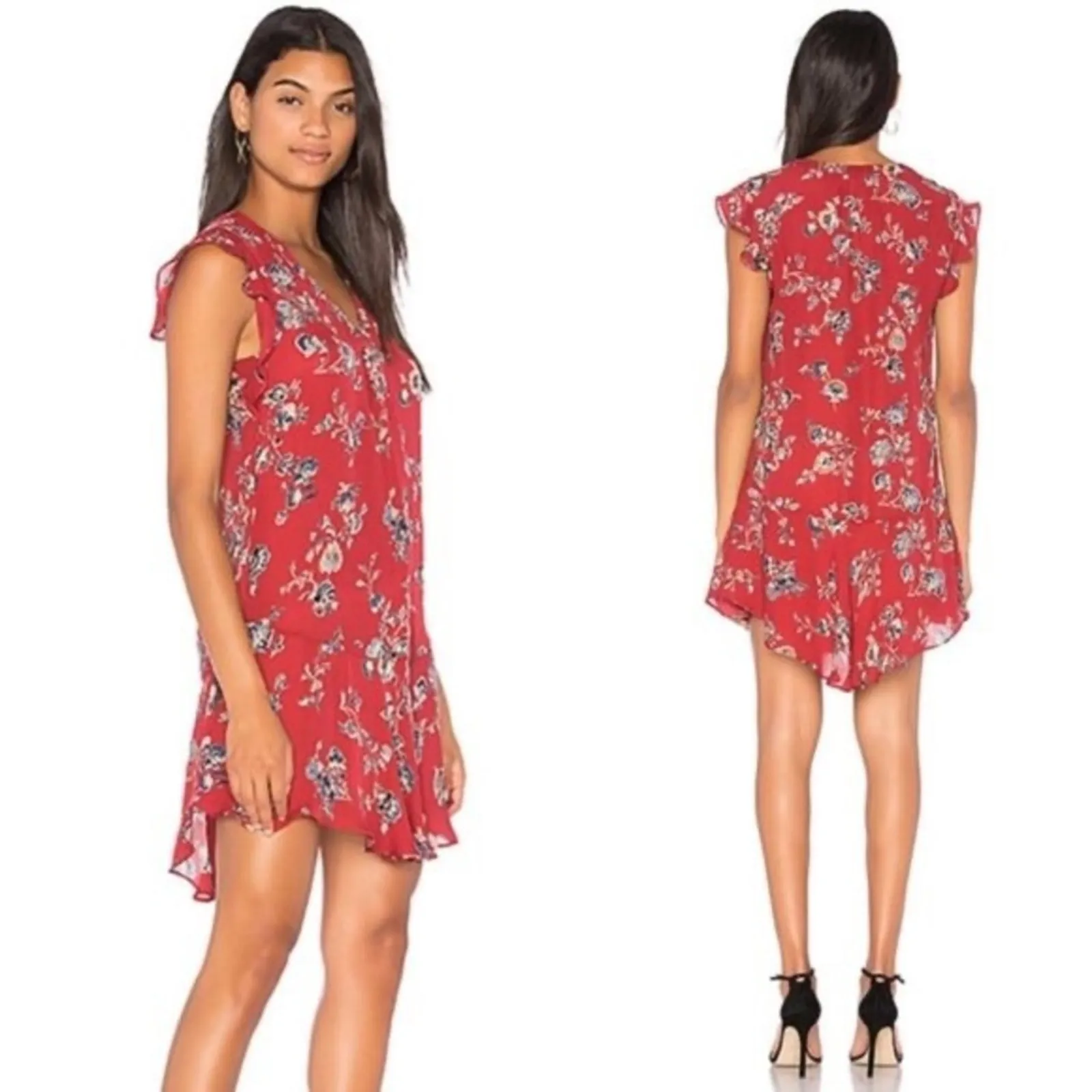 Joie Almarie B Red Floral 100% Silk Mini Dress Medium Georgette Drop Waist Boho - Image 7